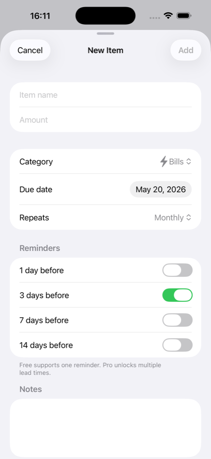 BillAhead add item form.