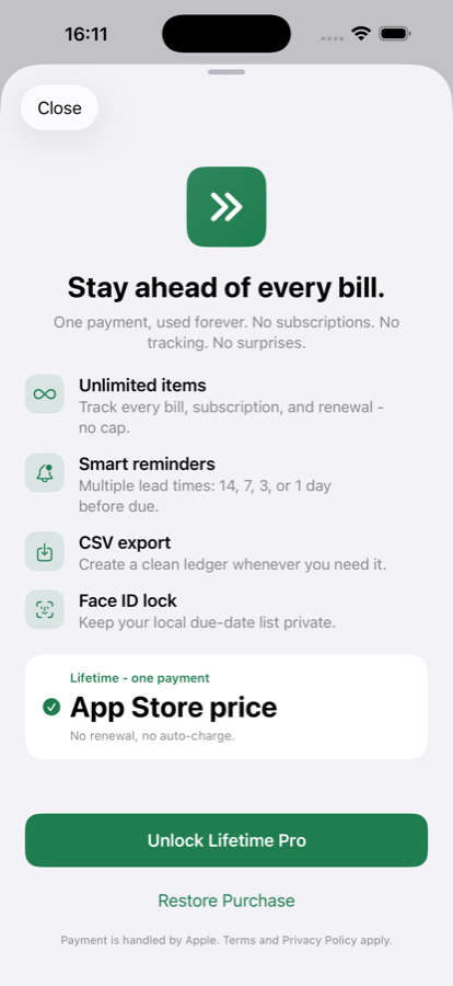 BillAhead Pro purchase screen with annual and monthly subscription options.